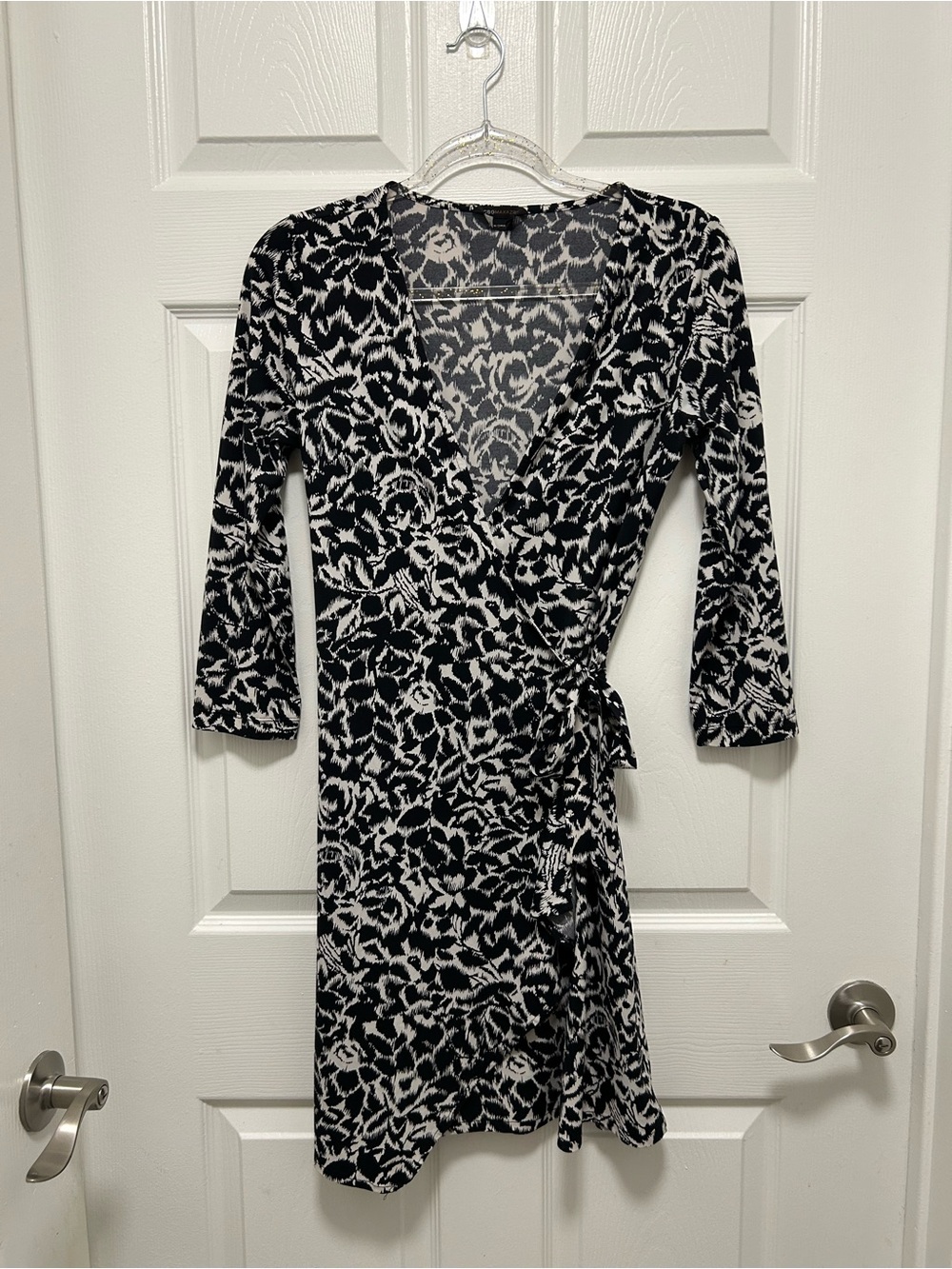 BCBGMaxAzria Black and White Floral Wrap Midi Dress